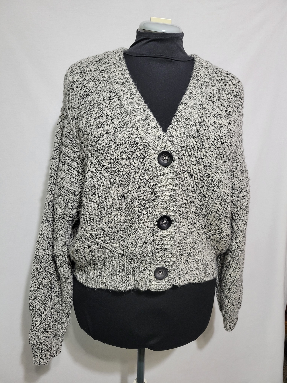 RD Style Marled Black & White Chunky Knit Button Cardigan
